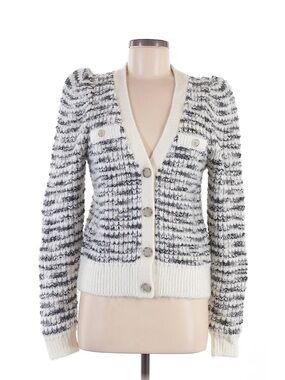 Express Cream and Gray Striped V-Neck Button Cardigan